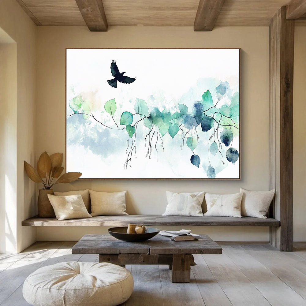 Abstract watercolor painting featuring green leaves and vines with a black bird above on a soft white background for a calming and elegant atmosphere.SC568