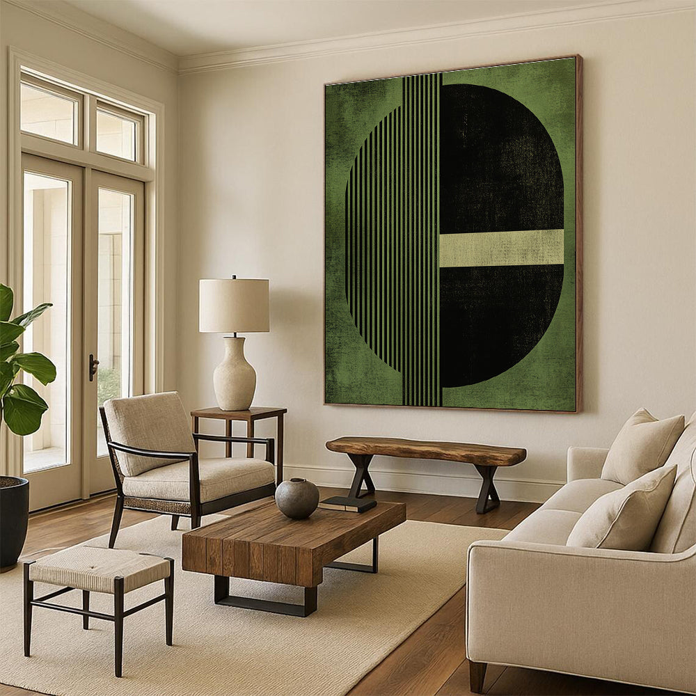 Green Geometric Abstract Painting with Contrasting Elements GER151