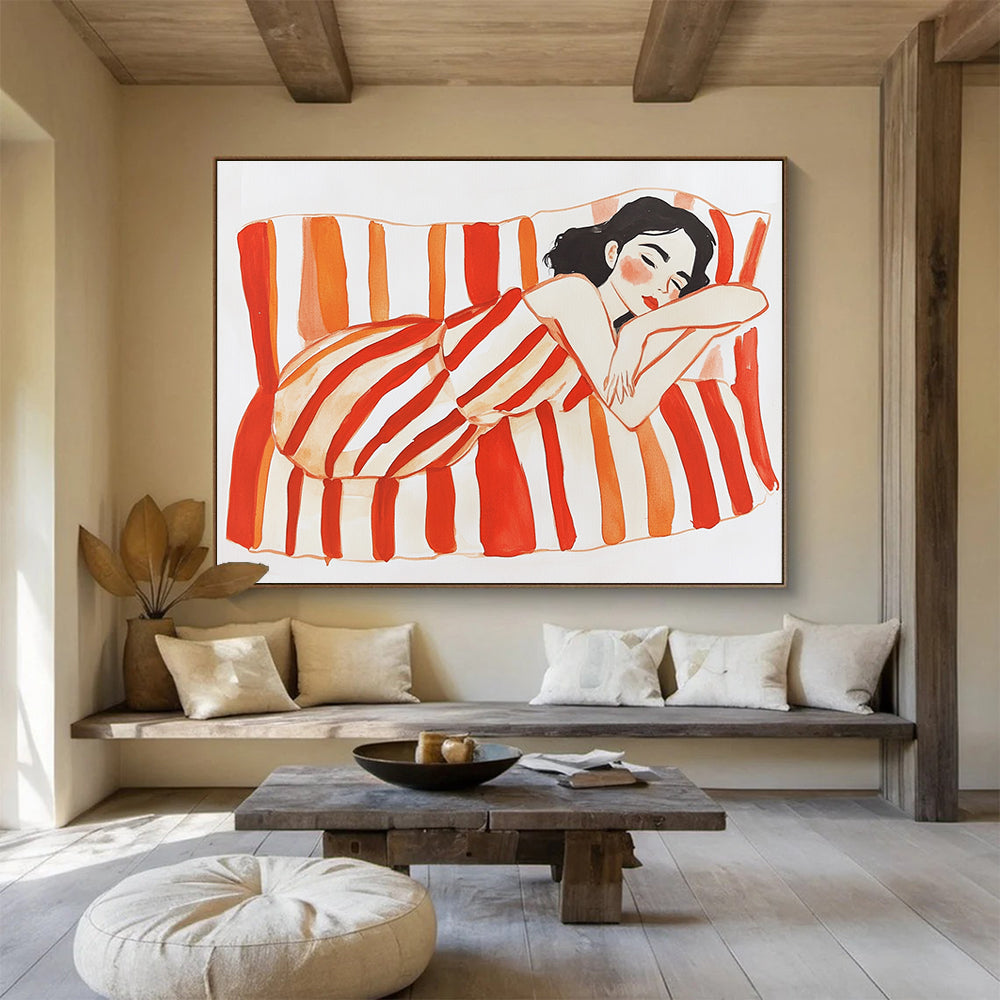 An abstract gouache illustration features a woman on a striped couch with bright red and orange stripes against a white background.SC573