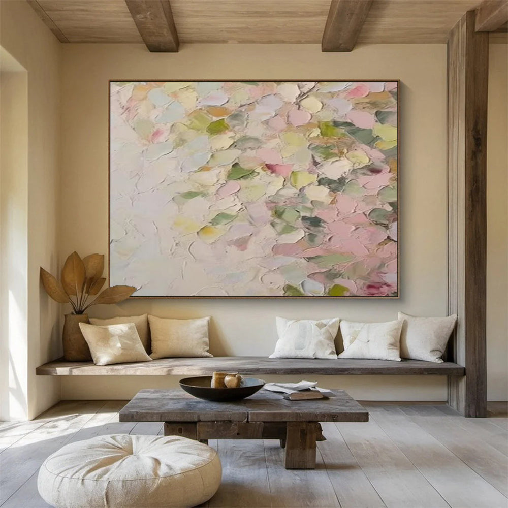 Pastel Petal Abstract Painting with Pink, Green, and Yellow Tones THY177