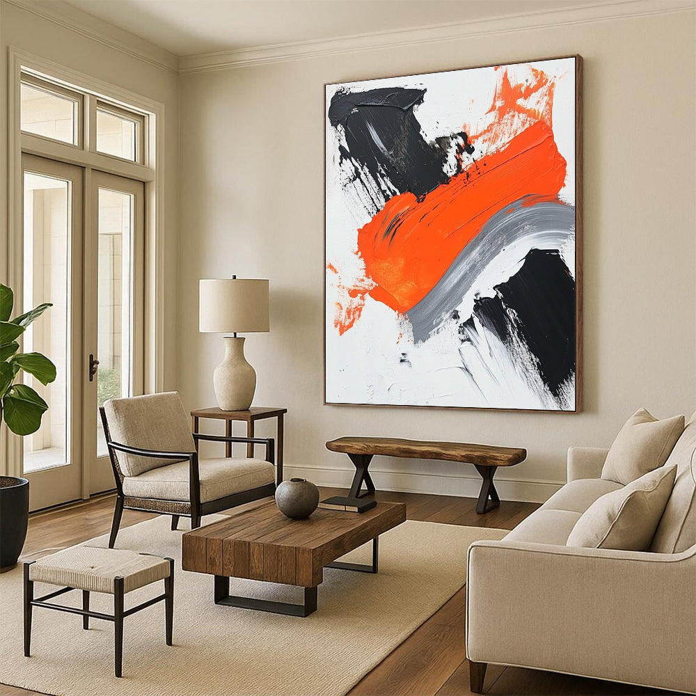 Black Orange Gray Abstract Painting with Dynamic Brushstrokes GER494