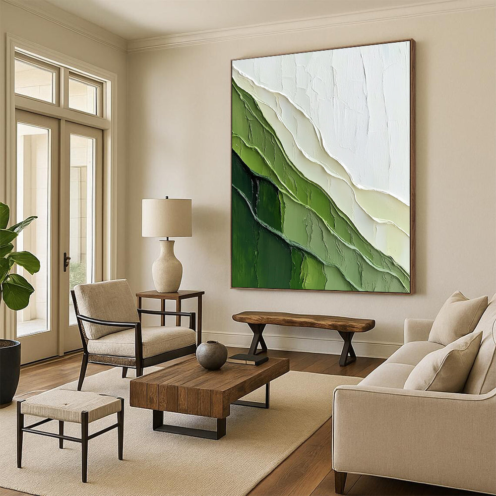 Large abstract painting featuring a textured green mountain against a pale yellow-green background with a sense of depth and layered contours.STSC1120