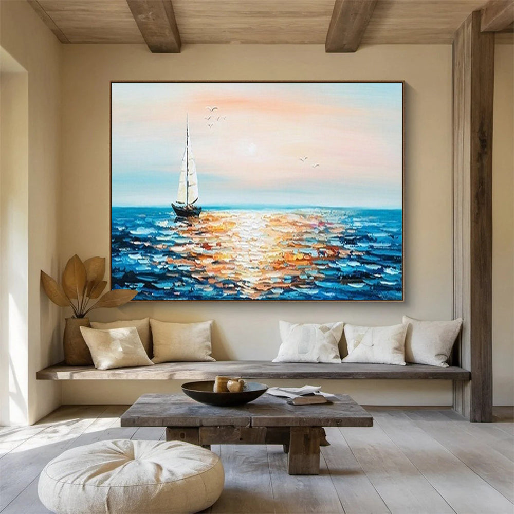 Sailboat Sunset Abstract Painting with Orange, Pink, and Blue Tones THY188