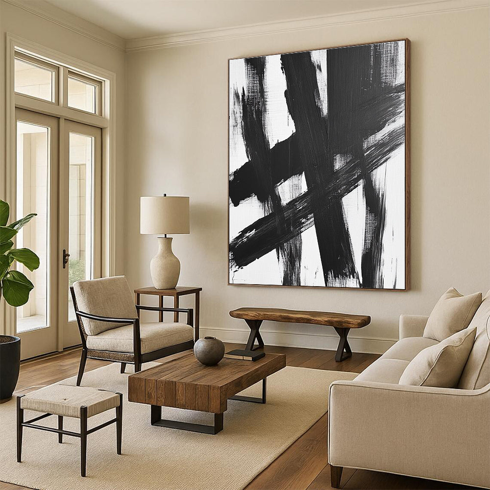 Black White Crossed Strokes Abstract Painting GER826