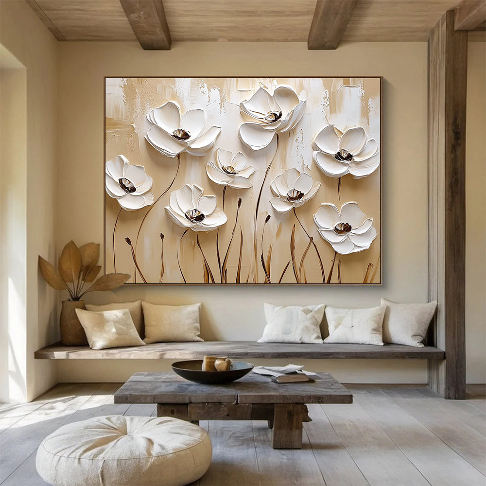 3D White Floral Abstract - Minimalist Botanical Abstract Painting DYP005
