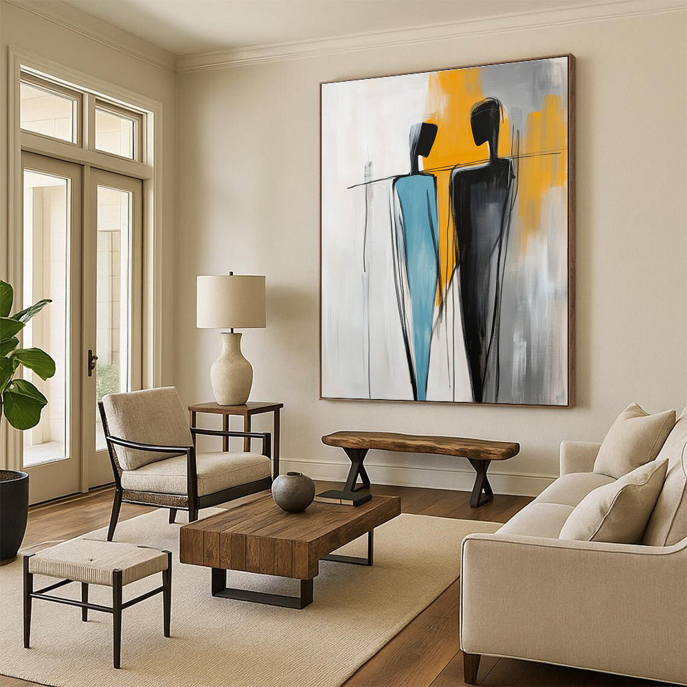 Large abstract painting featuring two figures one in light blue and the other in black with yellow accents against a white background with visible brush strokes.STSC1146