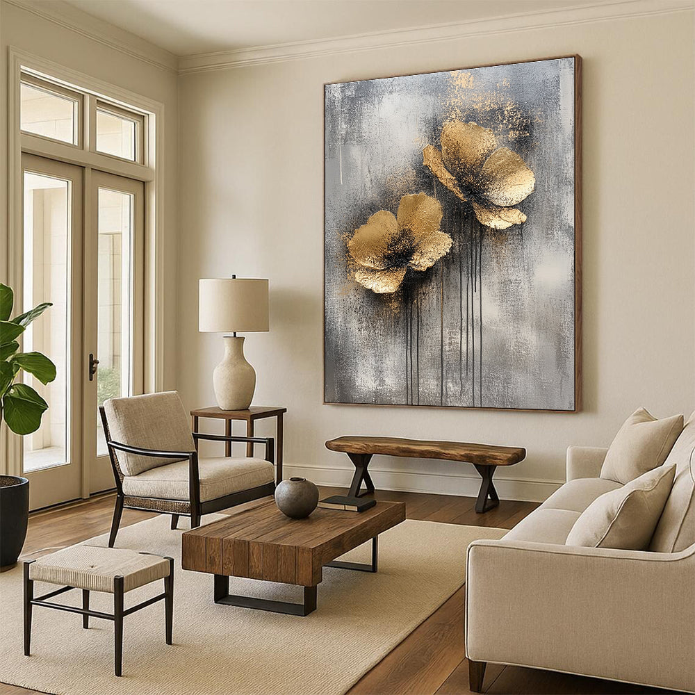 Large abstract painting featuring silver and gold on a grey background creating an atmospheric and captivating visual experience.STSC486