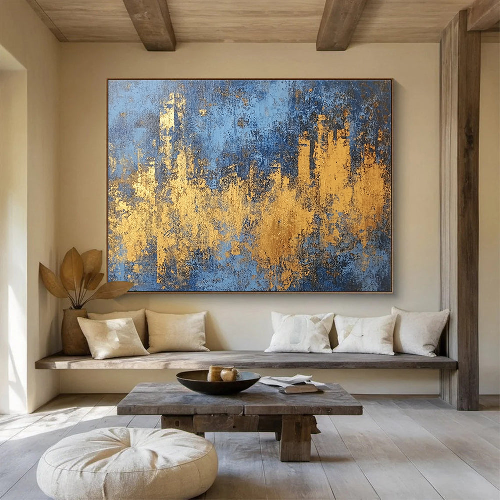 Blue and Gold Cityscape Abstract Painting with Distressed Textures DYP313