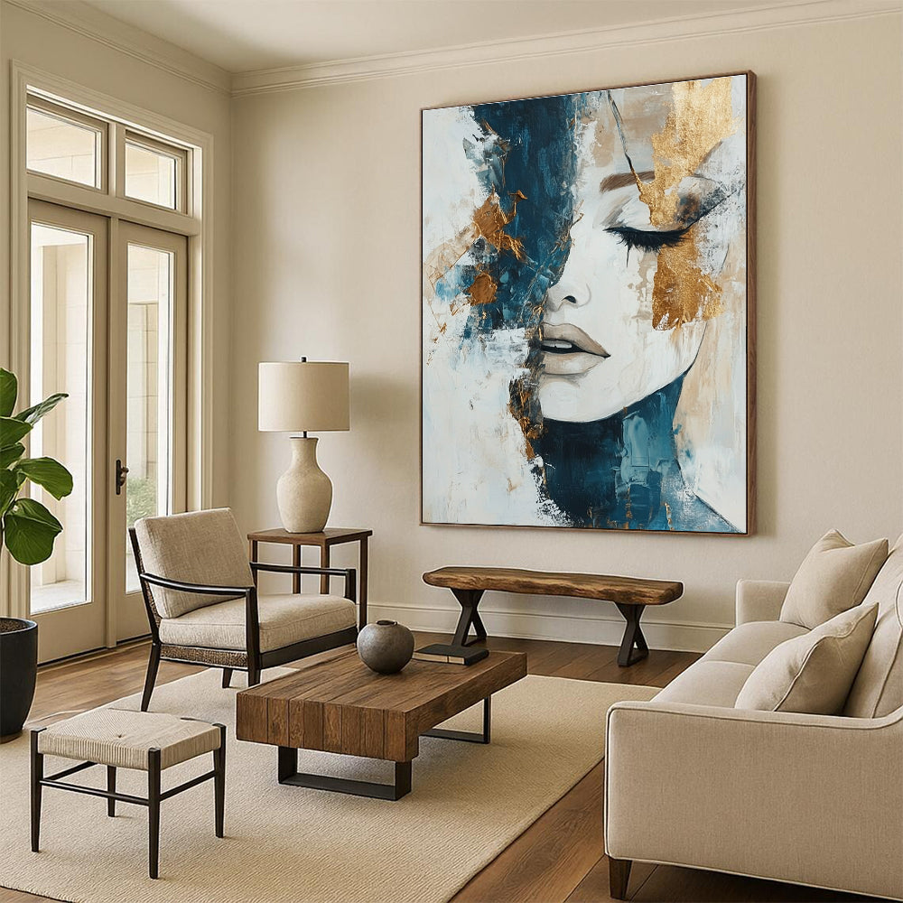 Large abstract painting in white beige and blue tones with gold accents representing the harmony of nature's elements on canvas.STSC361
