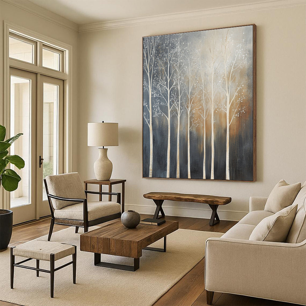 Large abstract painting of trees with white branches set against a dark gray background featuring muted tones and low contrast.STSC354