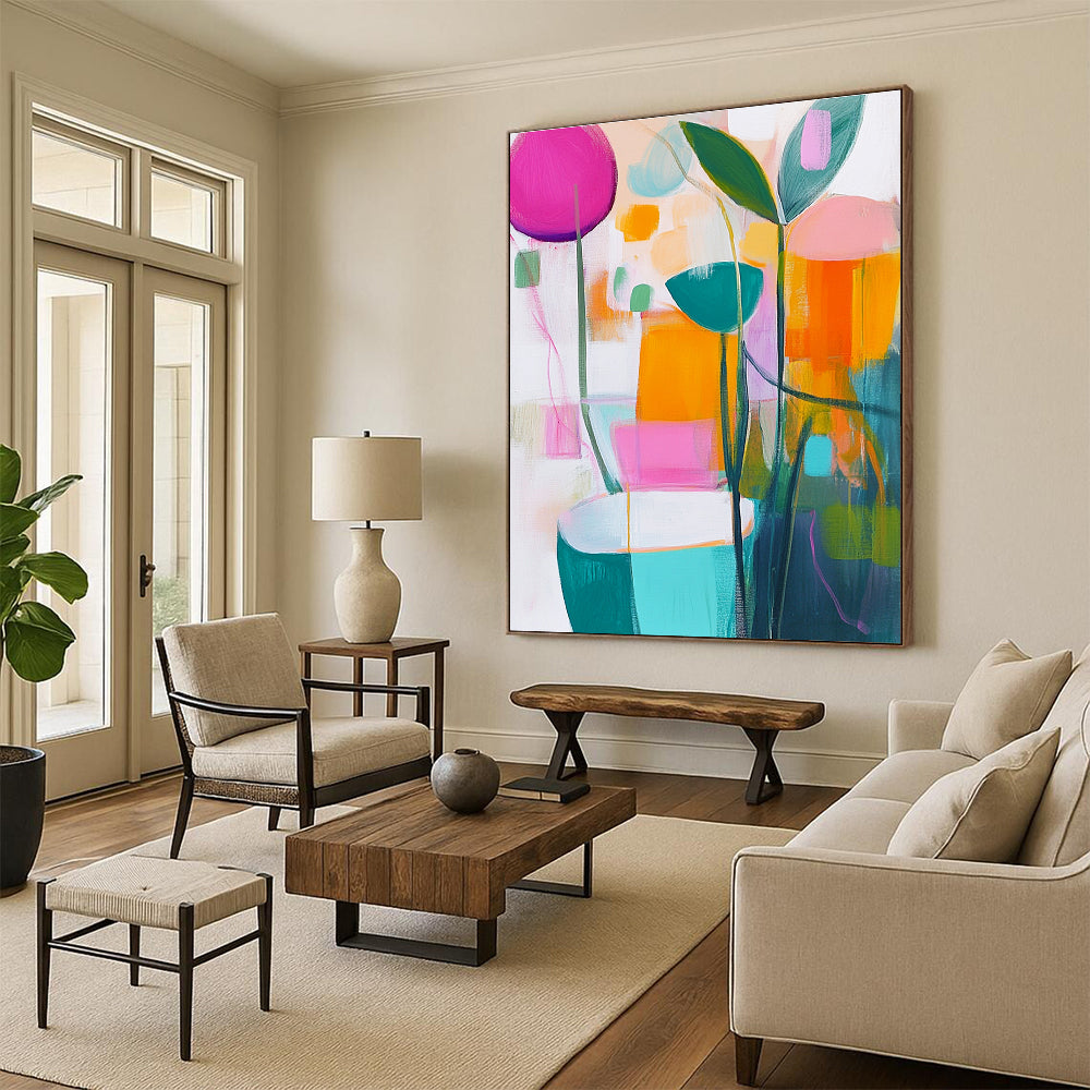 A large abstract painting featuring vibrant pastels of pink green yellow and orange on a white background that captures the essence of springtime.STSC1180
