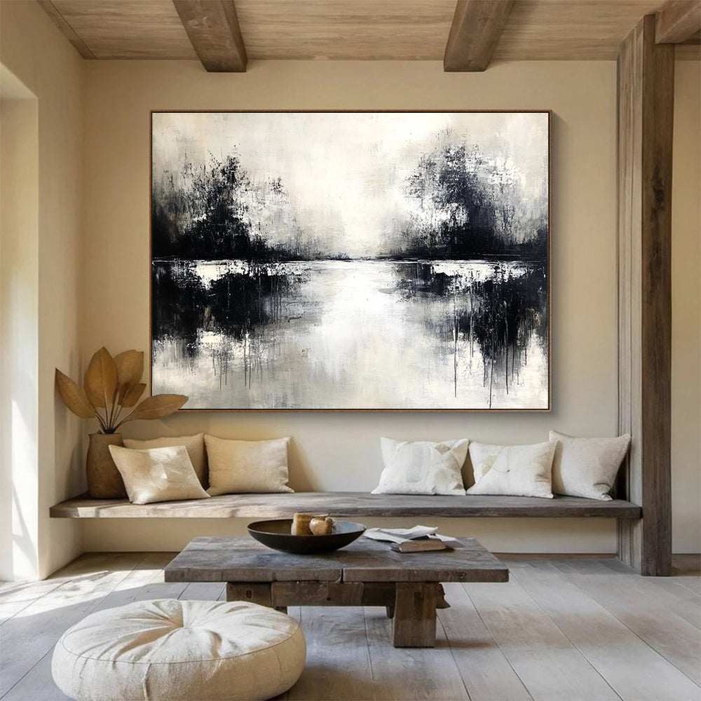 An abstract painting in black and white with neutral tones soft edges on canvas featuring atmospheric elements and a serene water reflection.SC056