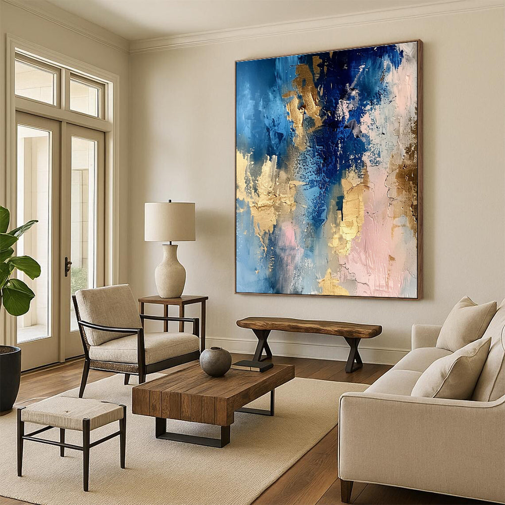 Blue Gold and Pink Abstract Painting with Dynamic Layers ADGE072