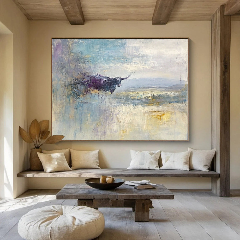 Large abstract painting depicting a flying cow over the English Lake District with a vast sky in shades of blue grey lavender cream and pale yellow.SC485