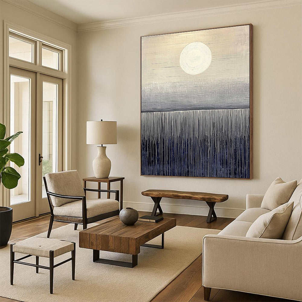 Large abstract painting featuring dark gray and light beige hues with a serene sunrise over a deep sea horizon on canvas board.STSC1030