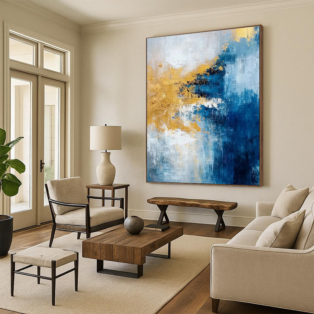 Blue and Gold Abstract Painting with Expressive Brushstrokes ADGE062