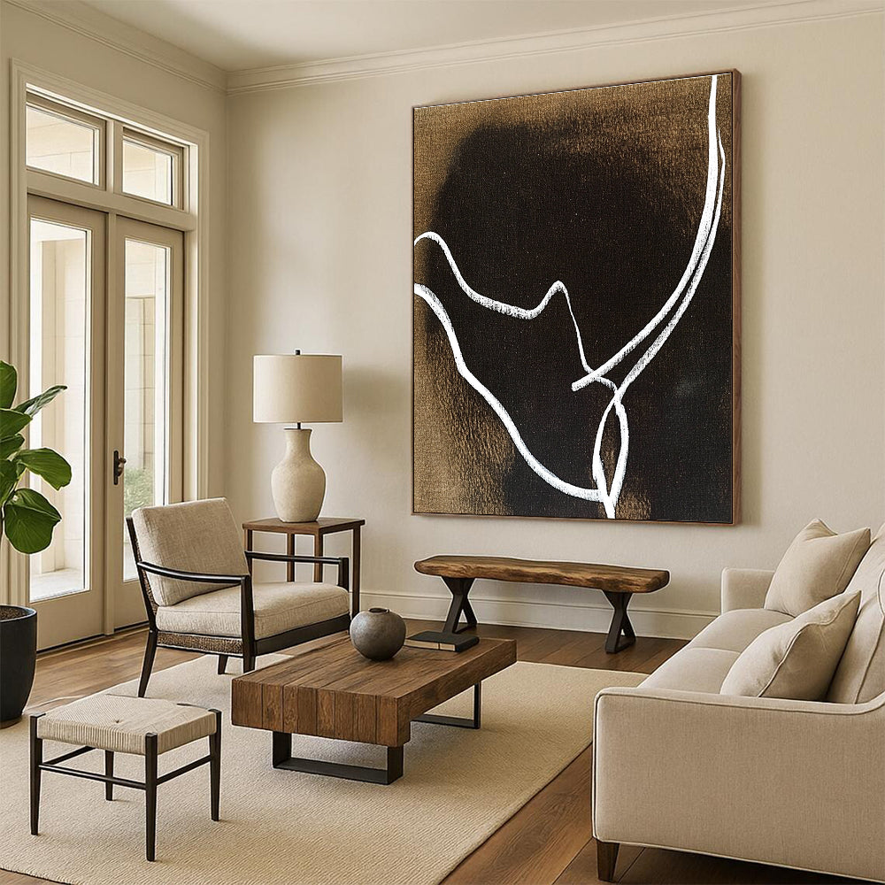 An abstract artwork featuring minimalist line art of a rhinoceros' horns in white on a dark brown background, inspired by Matisse and Dubuffet.STSC1346