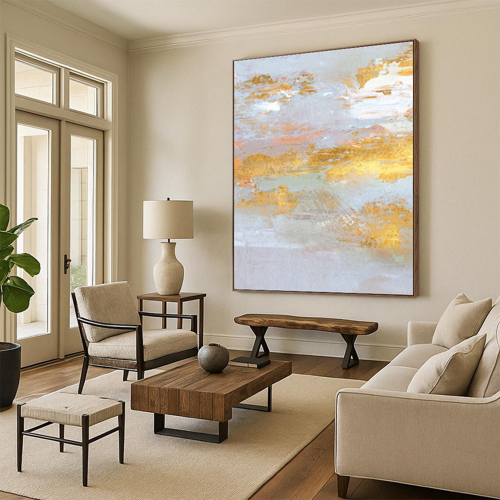 Gold and Pastel Abstract with Light Blue Background Painting ADGE159