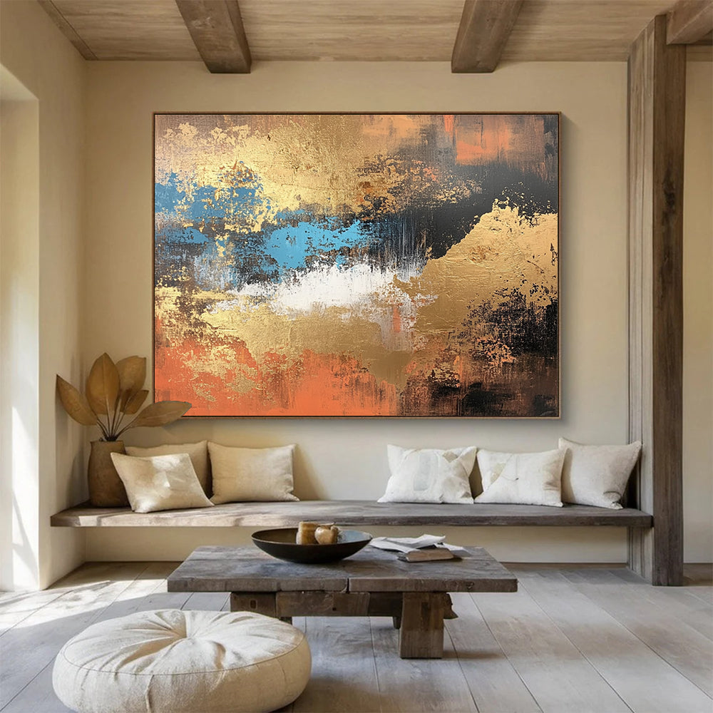 Gold Blue and Orange Abstract Painting with Rich Metallic Accents DYP251