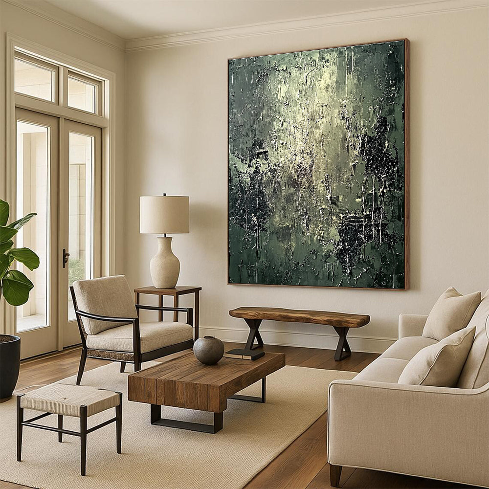 Dark Green Textured Abstract Painting with Industrial Vibes GER585