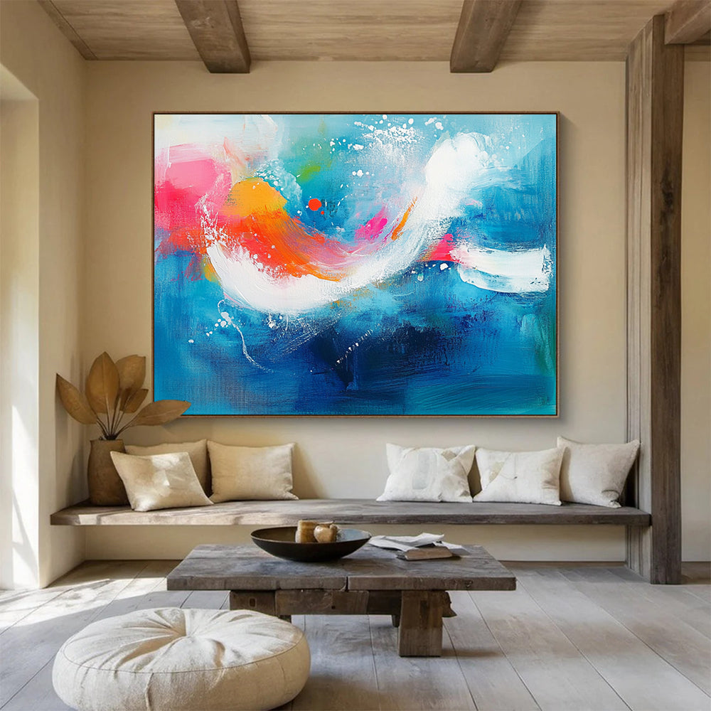 Large abstract painting of an underwater scene featuring vibrant aqua blue background with pink and orange accents and energetic white brushstrokes.SC308