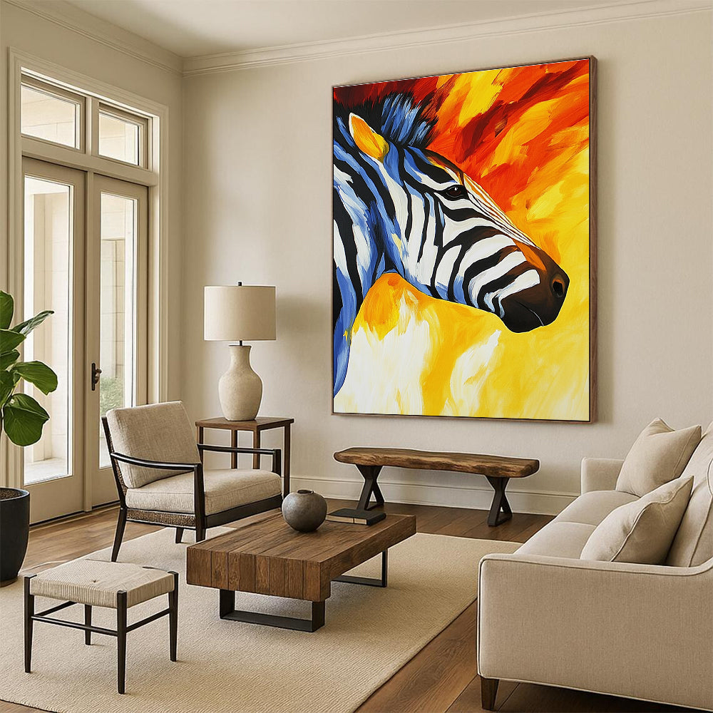 Abstract painting featuring a zebra's face and neck with vibrant stripes in yellow orange red blue white and black capturing movement and texture.STSC961
