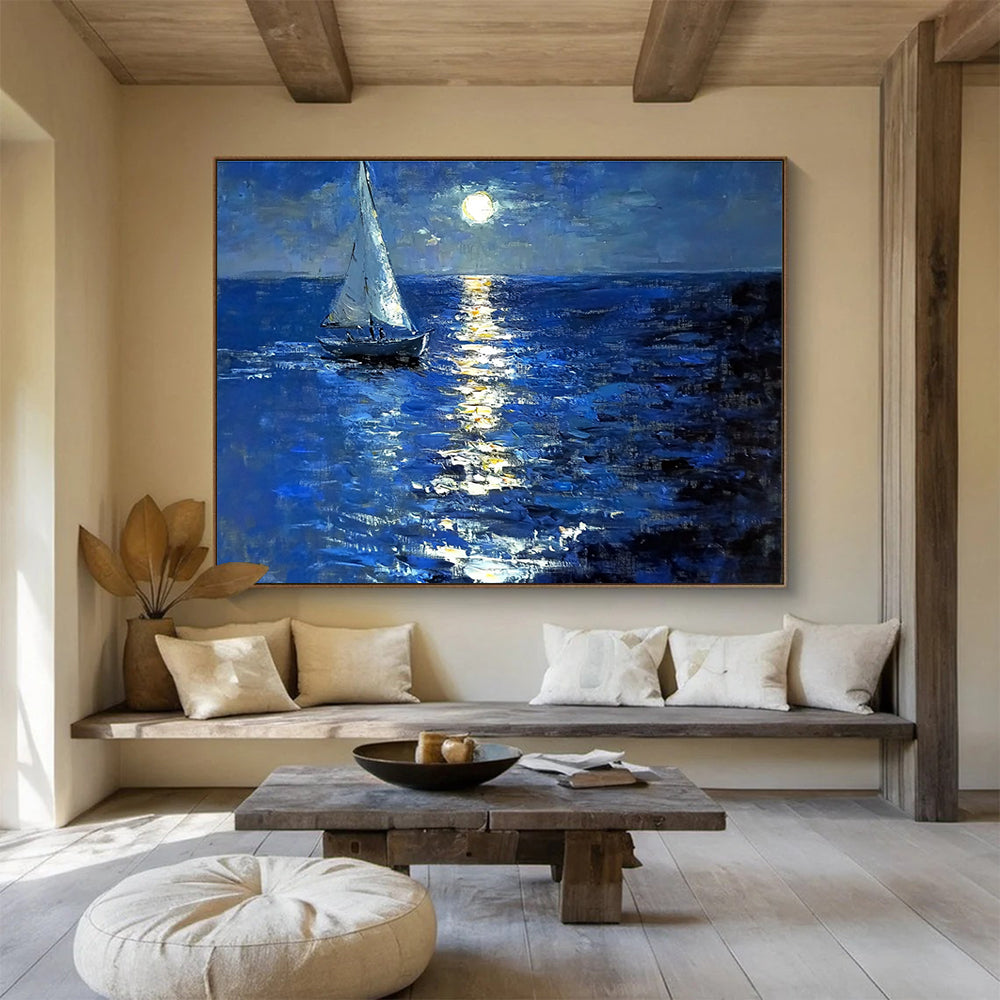 Large abstract painting depicting a sailboat on a moonlit sea with rich colors soft tonal gradations and dreamy reflections.SC604