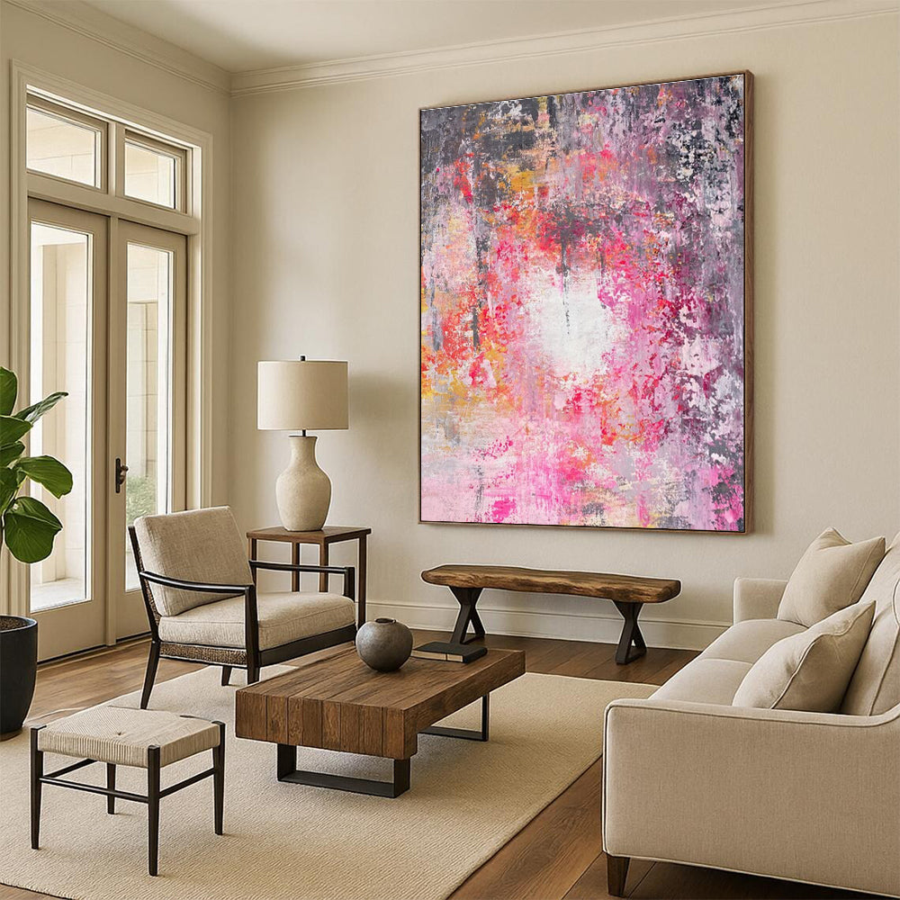 Pink - Gray Abstract Painting with Vibrant Splashes ADGE470