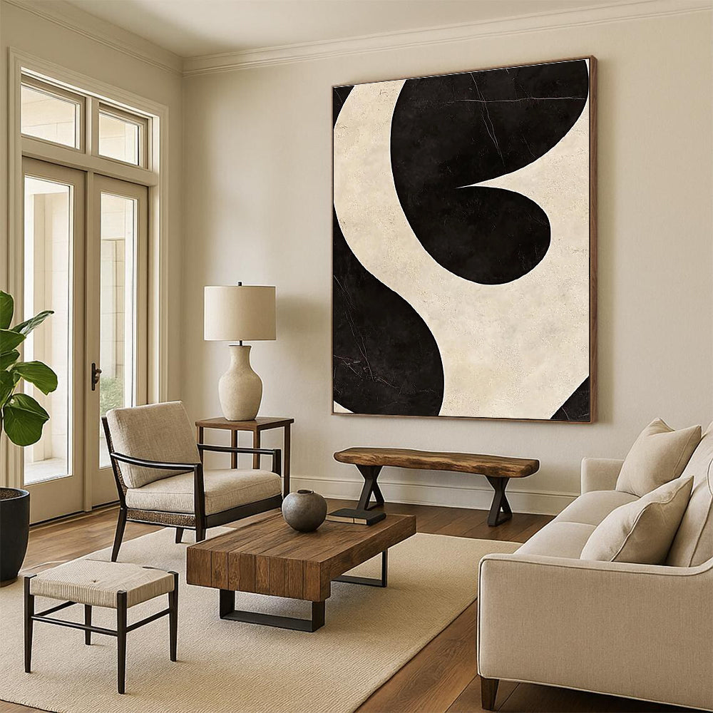 Black and White Curved Abstract Painting with Bold Shapes GER065