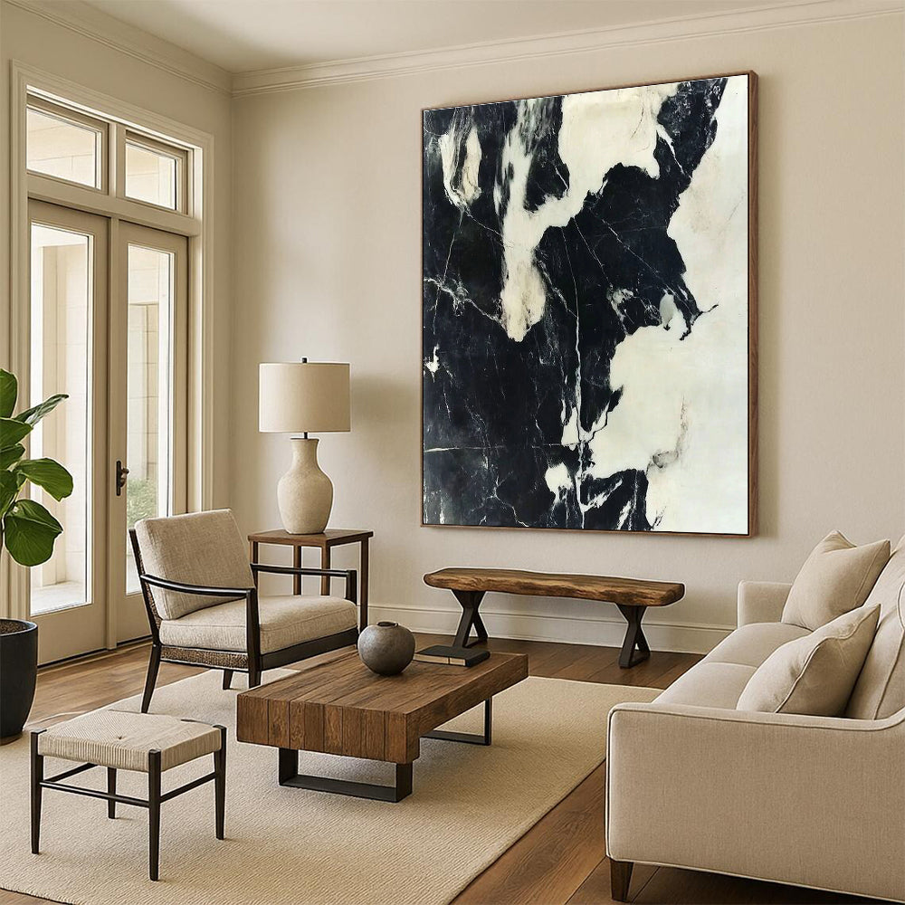 Black and White Marble - Inspired Abstract Painting with Veined Patterns GER007