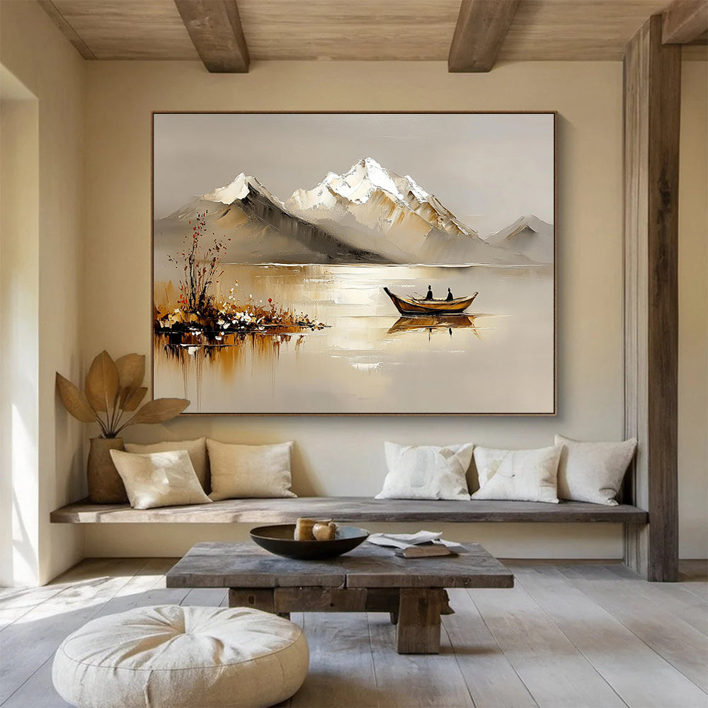 Abstract oil painting with textured palette knife depicting serene lake mountains ancient boats and blooming wildflowers in warm gray hues.SC608