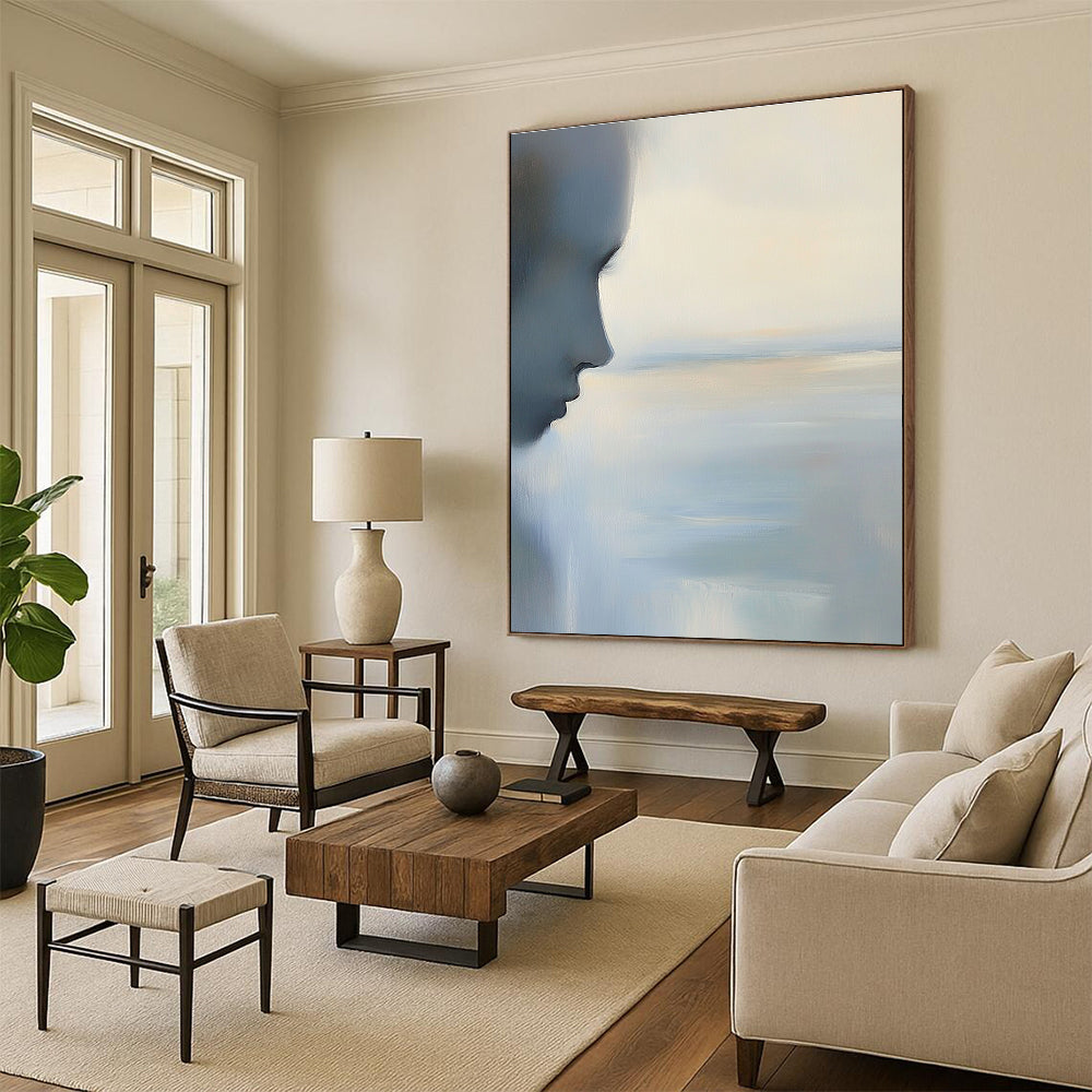 Abstract painting of the ocean and sky in soft blues and greys with calming minimalist aesthetics and delicate color accents.STSC883