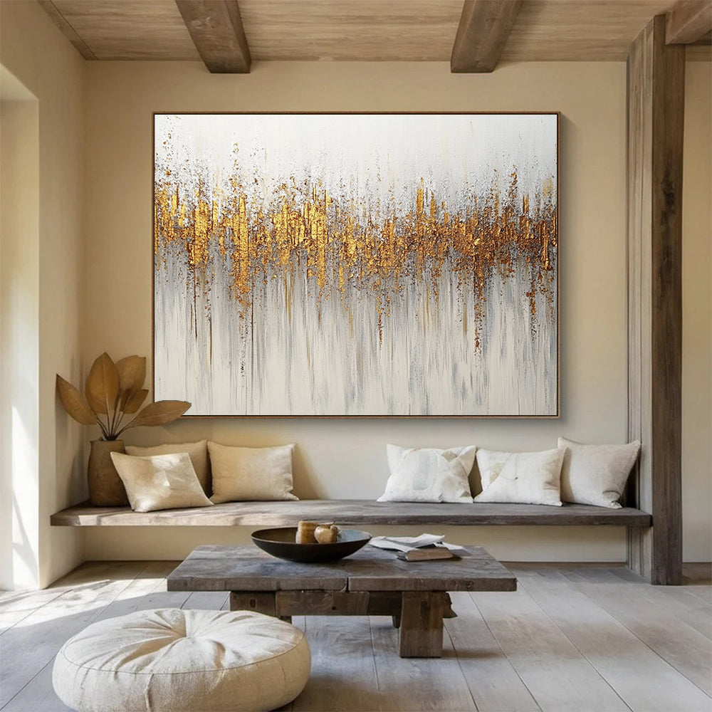 Large abstract painting featuring gold and silver glitter texture on a minimalist white background with neutral tones.SC209