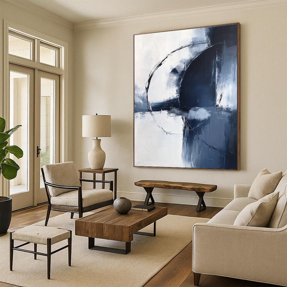 Large abstract painting in light navy and white tones featuring bold brushstrokes and an elegant minimalist style for sophisticated decor.STSC1355