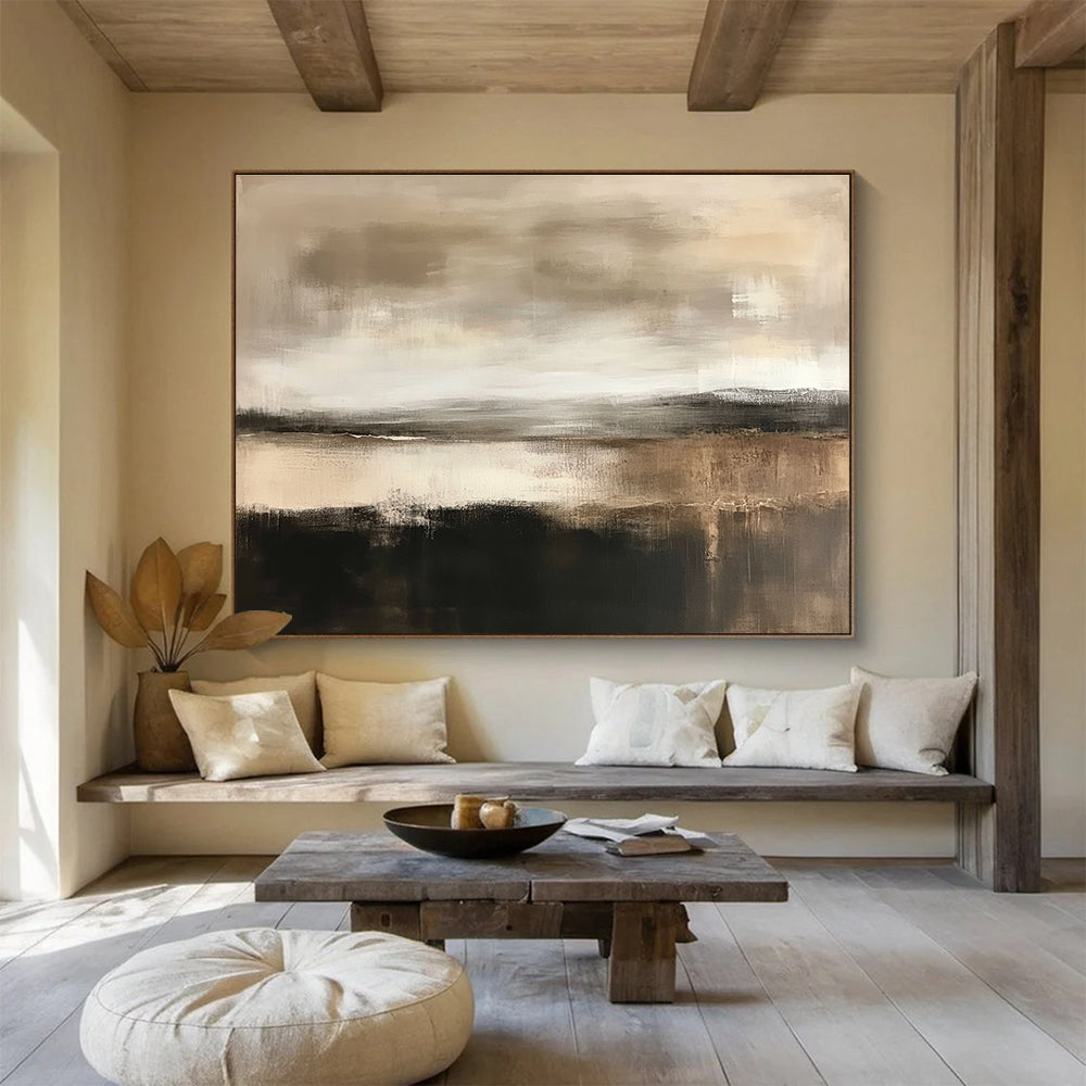 Large abstract landscape in neutral tones of beige and white with a neutral sky and hints of brown dark grey and black.SC067