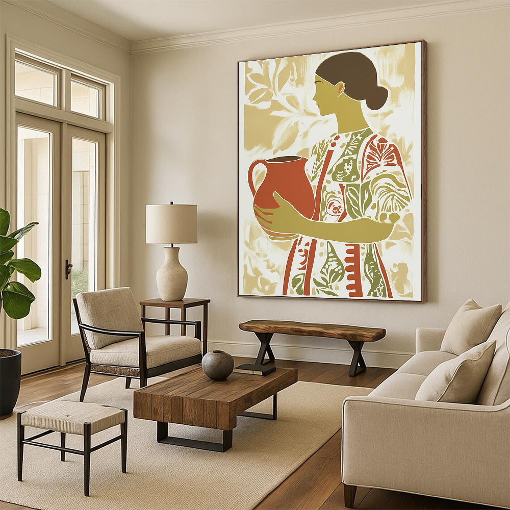 Abstract artwork featuring a woman with an earthenware jug in a patterned dress with green and red stripes in a flat color palette.STSC1417