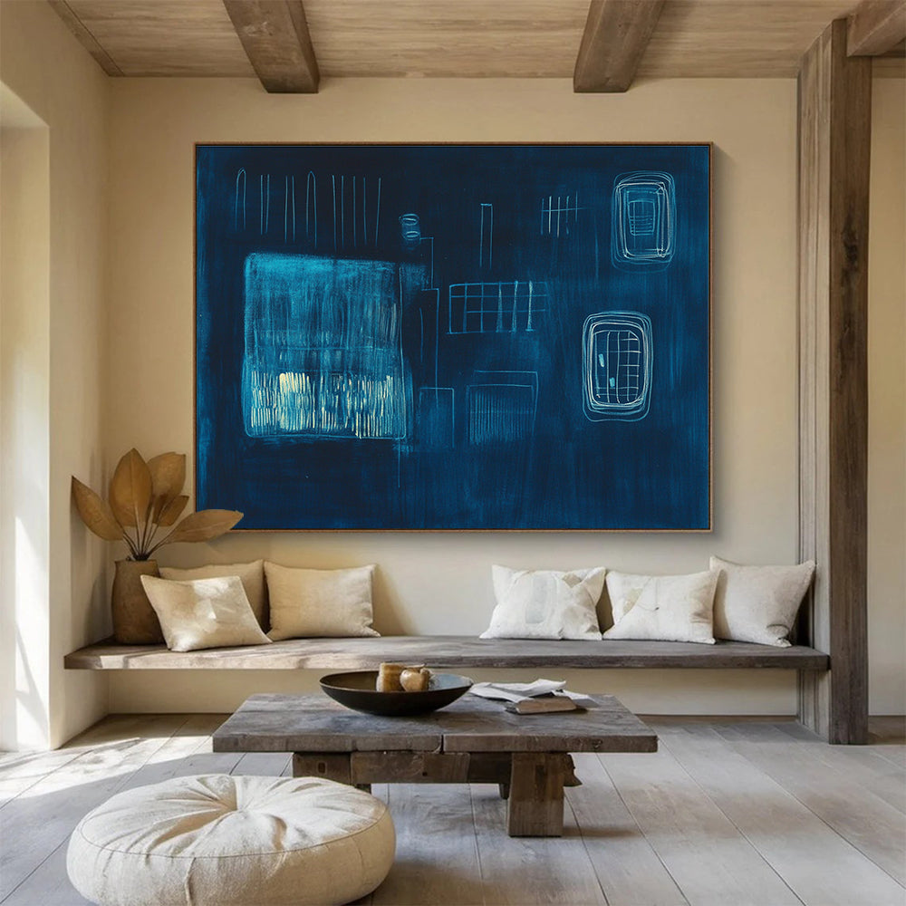 Dark Blue Abstract Composition Painting with Light Blue Lines DYP506