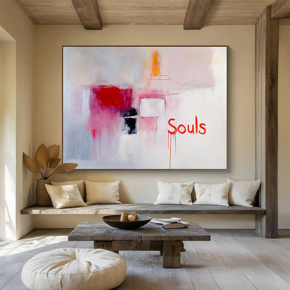 Pink and Red Abstract “Souls” Painting with Evocative Text DYP298