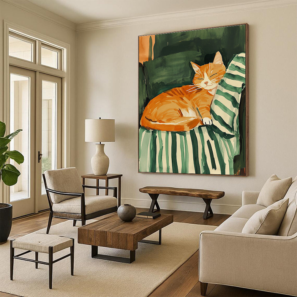 A vibrant abstract gouache painting featuring a joyful orange cat on a striped green blanket, inspired by Maira Kalman's pastel style.STSC1016