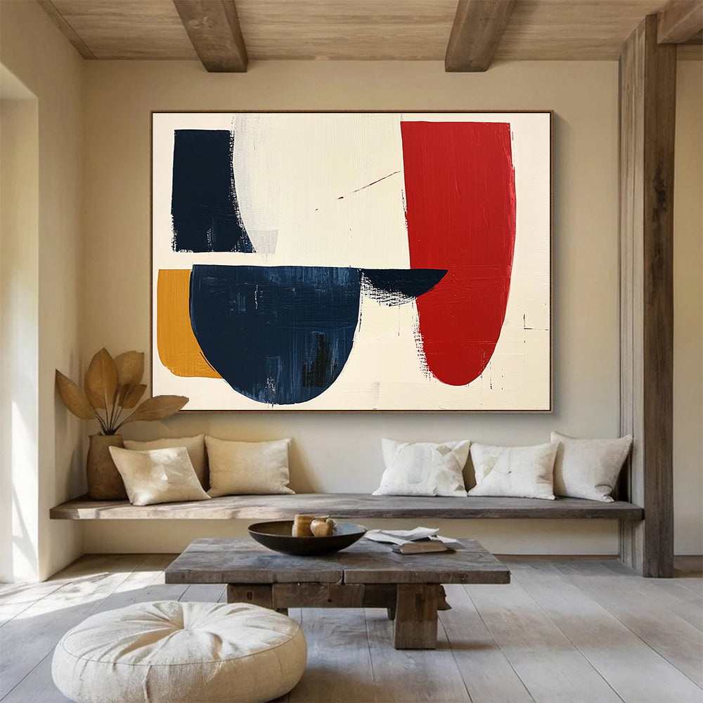 Large abstract painting featuring navy red and white shapes on cream paper with loose brush strokes, creating a striking minimalist aesthetic.SC490