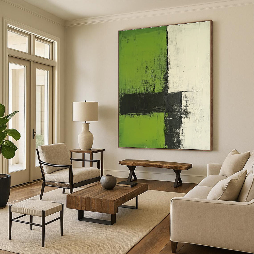 Large abstract painting with green and white colors featuring minimalist brushstrokes black lines and strong texture in a simple composition.STSC422