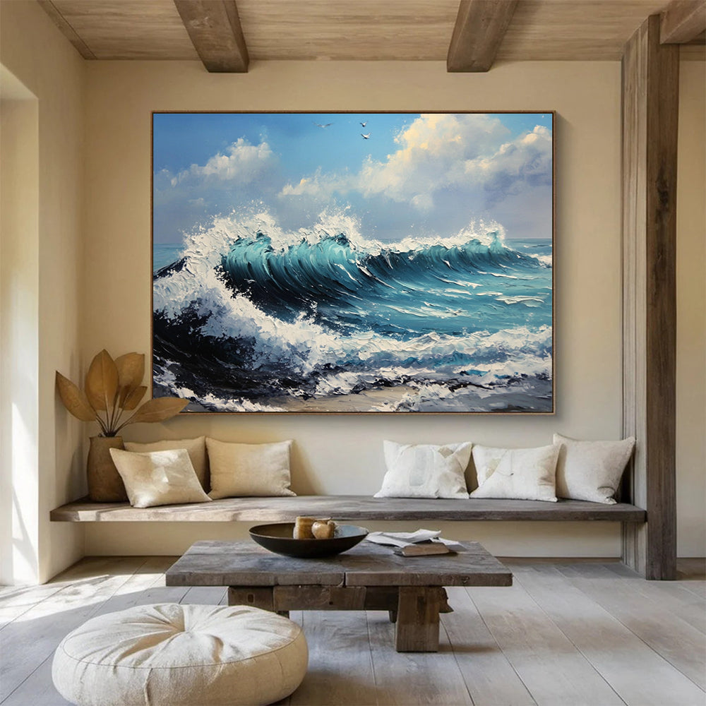Crashing Waves at Sea Impasto Abstract Painting with Turquoise Blues DYP599