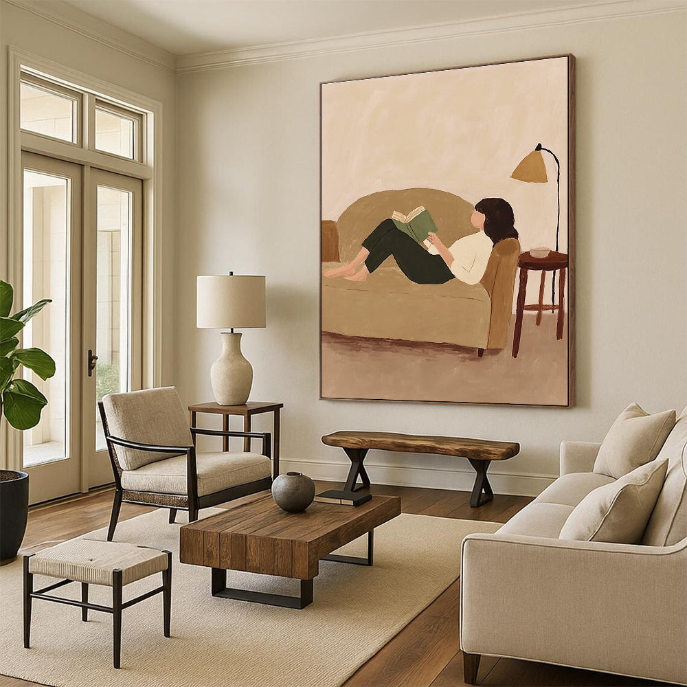 A large abstract painting featuring Krent-7 with whimsical patterns and vibrant fabric scraps on a beige background.STSC1262