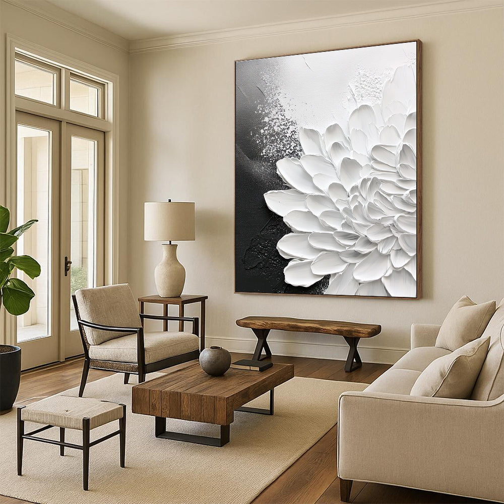 Large abstract painting of chrysanthemum on textured canvas with black and gray background featuring stunning close-up details.STSC518