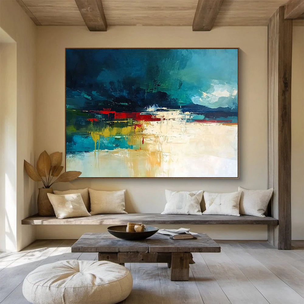 Bold Color Block Landscape Abstract Painting with Deep Blues and Reds DYP247