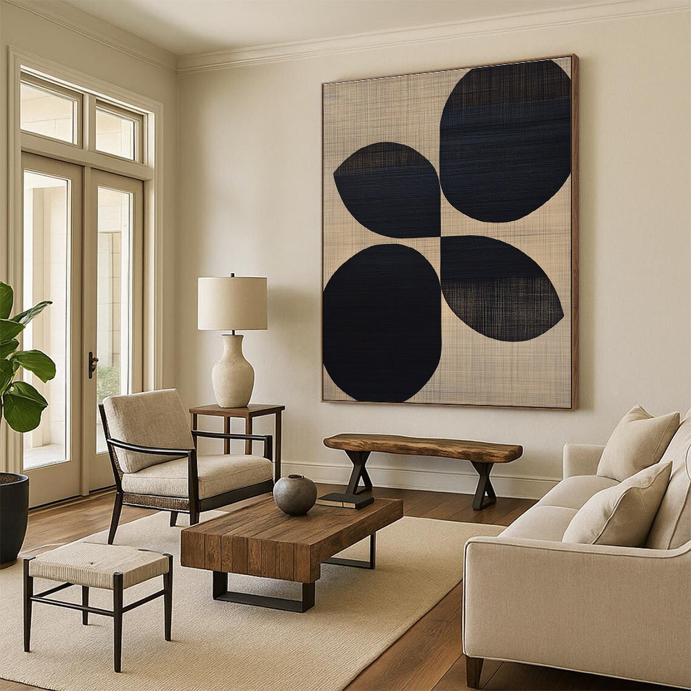 Large abstract painting featuring black oval shapes on a beige wood grain background reflecting midcentury modern organic design.STSC312