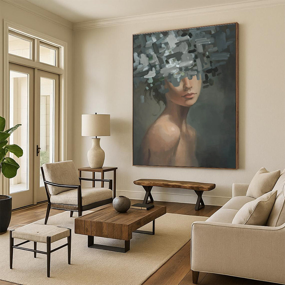 Gray and White Floral Head Woman Abstract Painting ADGE328
