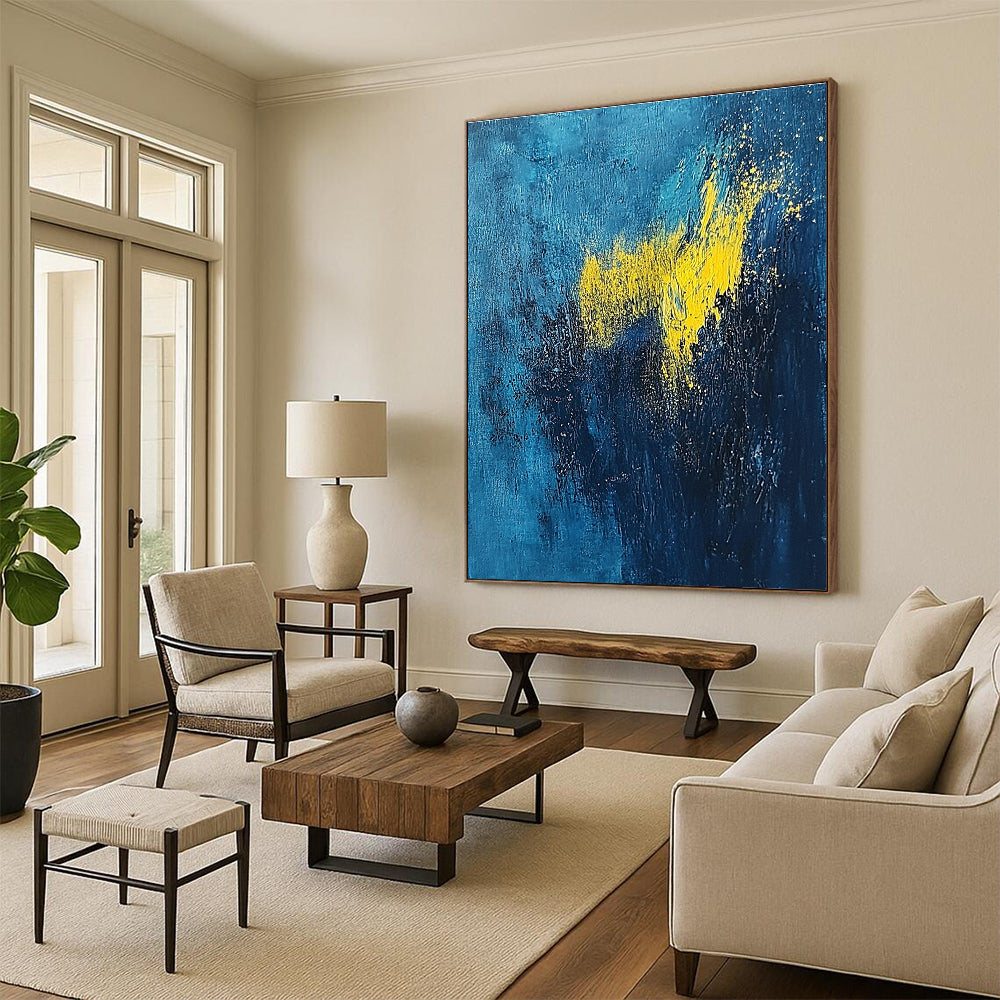 Deep Blue and Yellow Abstract Painting with Dynamic Splashes GER395