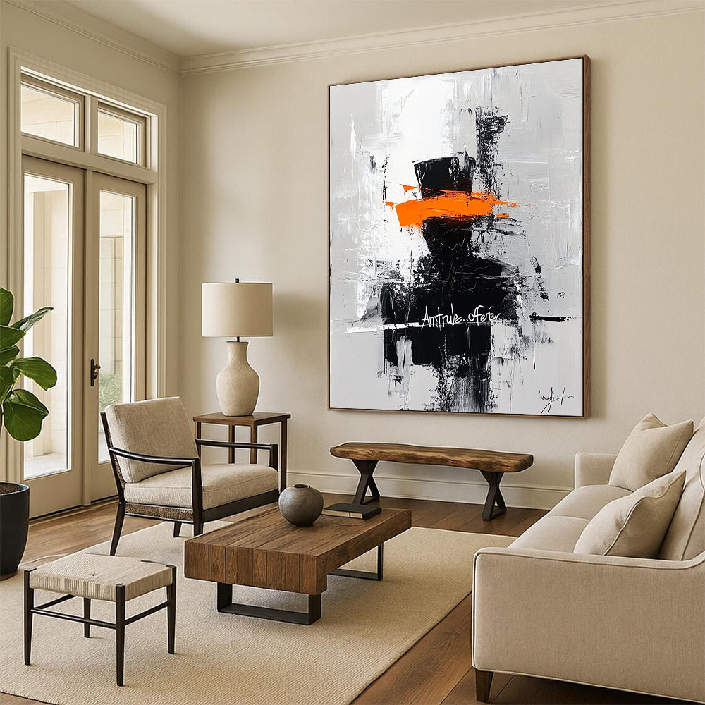 Bold abstract painting featuring a silhouette in an orange top hat with Ant rule.offer graffiti on a contrasting gray brushstroke background.STSC227