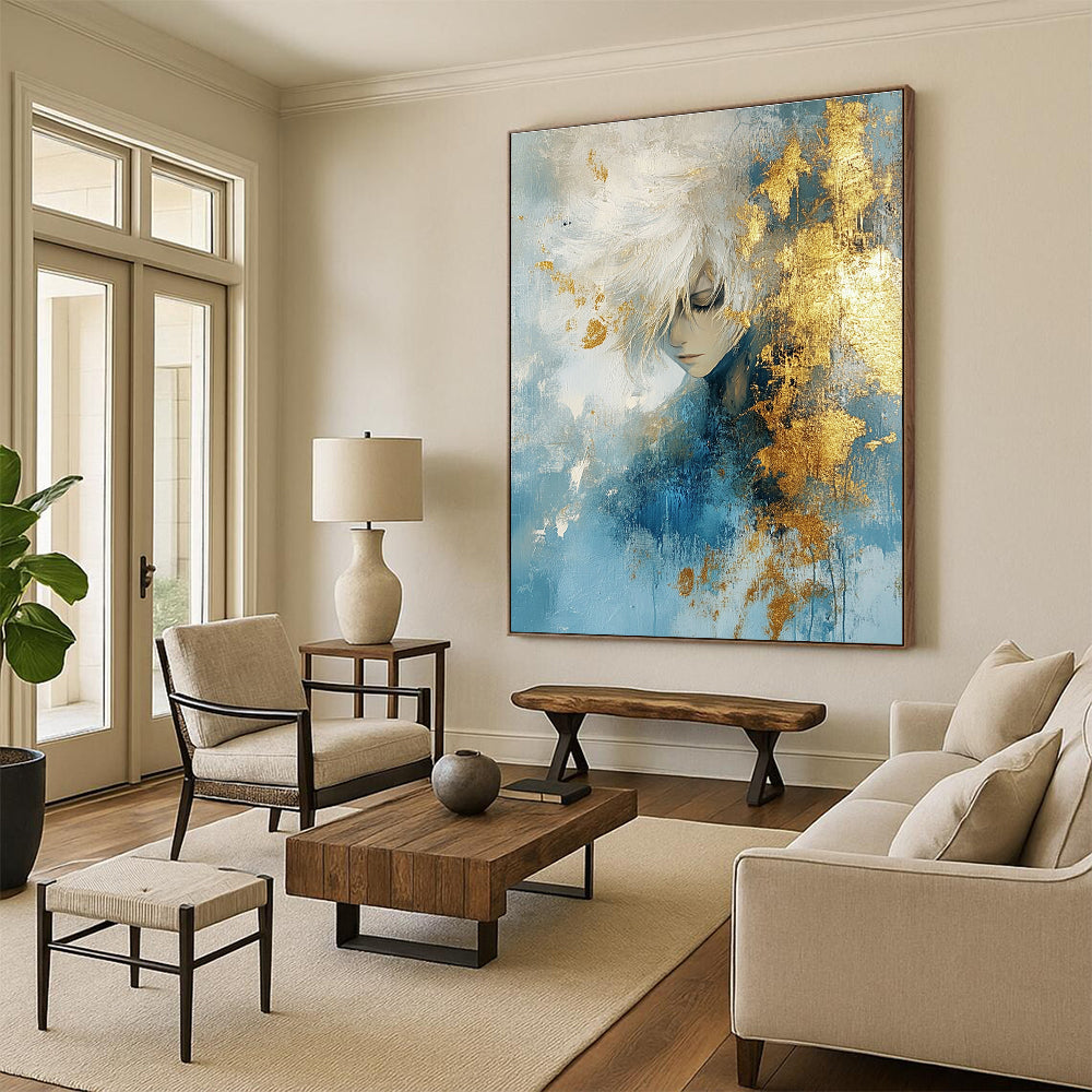 Large abstract painting with textured light blue and gold hues accented by gold foil creating an atmospheric effect.STSC449